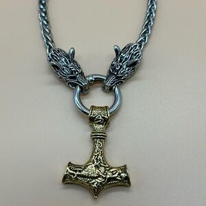 Norse Viking Wolf &Thor Hammer Mjolnir Necklace